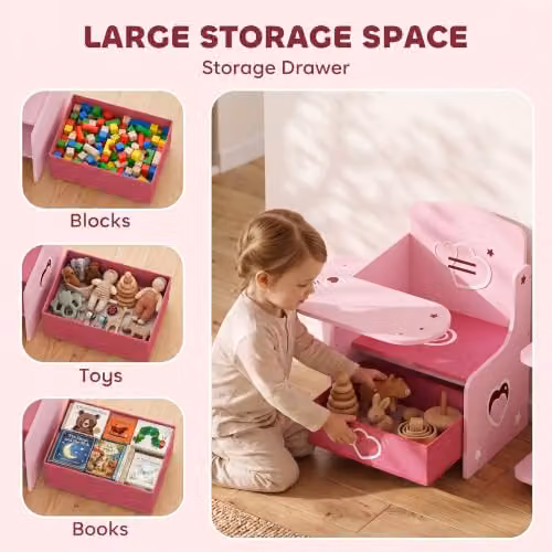 AIYAPLAY Kids Table and Chair Set with Play Wells and Tilting Top, Pink Writing Desk for Children Aged 3-6 Years – 3