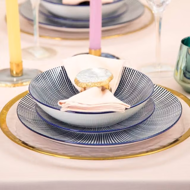 Orsina 12 Piece Blue and White Geometric Ceramic Dinner Service Set