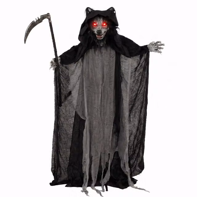 HOMCOM Halloween Standing Werewolf Animated Decoration with Light-Up Eyes, Sound and Touch Activation in Black – 1