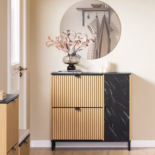SoBuy Modern Striped Wooden Shoe Cabinet with 2 Tilting Compartments and Internal Shelves in Brown, White or Black