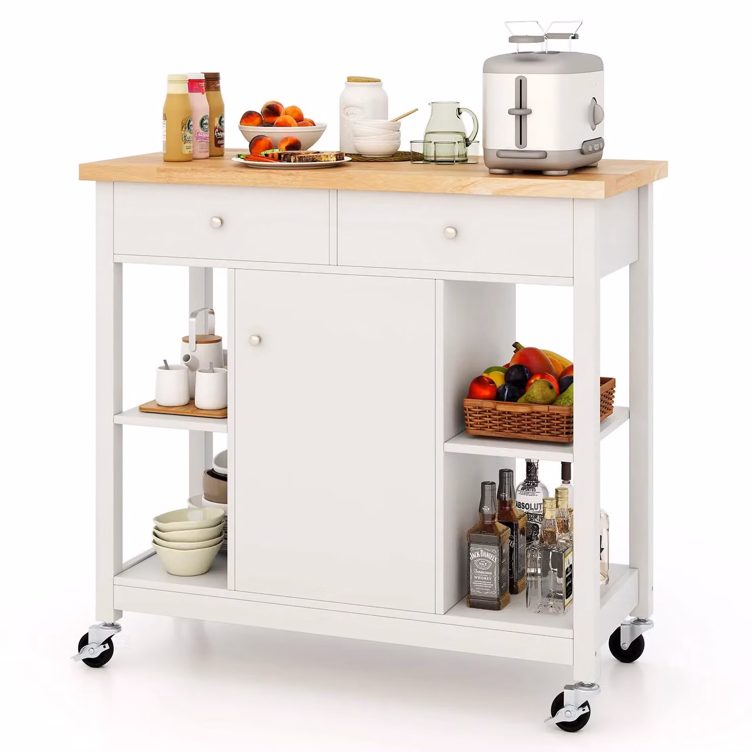 Costway Kitchen Trolley Cart Rolling Kitchen Island with Cabinet and Rubberwood Top in White – 2