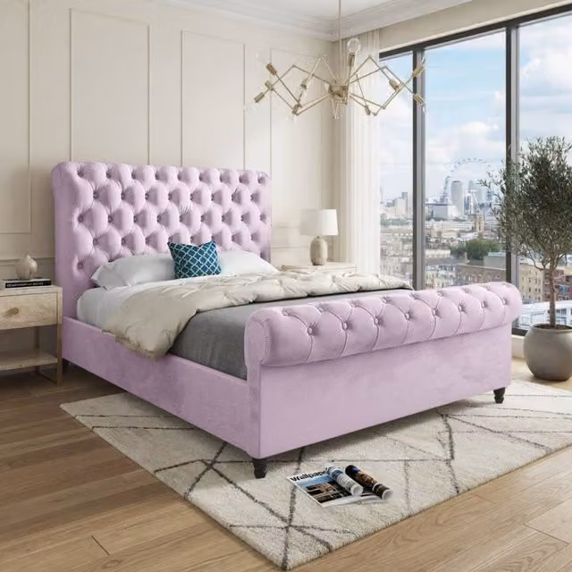 KDMD Toddington Sleigh Upholstered Designer Bed Frame in Pink Soft Velvet, W/D/H: 200 x 189 x 119 cm – 1