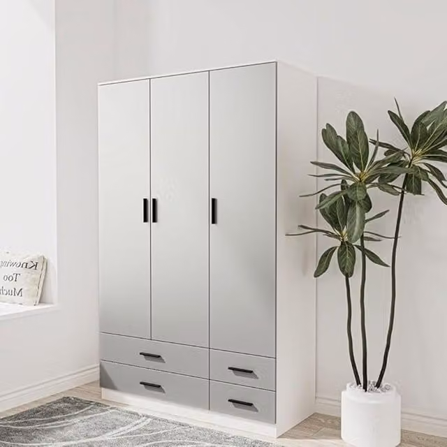 URBNLIVING Modern 3 Door Wardrobe with 4 Drawers in Grey and Silver, H 180 x W 108 x D 46 cm