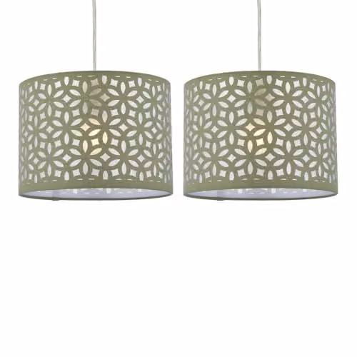 First Choice Lighting Set of 2 Green Fabric Easy Fit Round Pendant Lightshades, Diameter: 25 cm