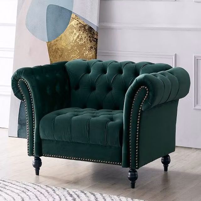 Mayfield 1.5-Seater Chesterfield Sofa Chair in Green Velvet Fabric