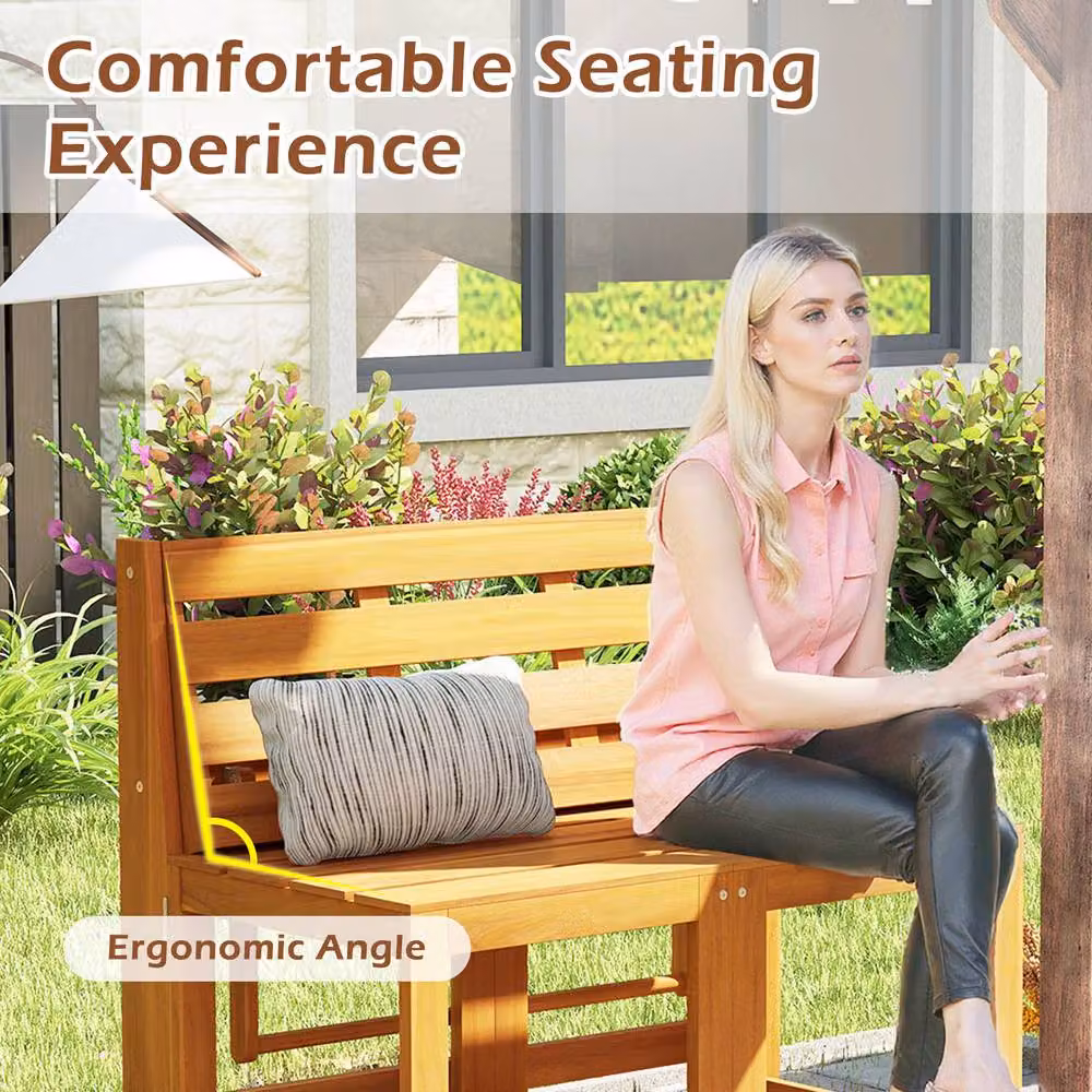 Gymax 3-in-1 Outdoor Dining Table with 2 Built-in Chairs and 2-Tier Plant Stand in Natural Brown Acacia Wood – 5