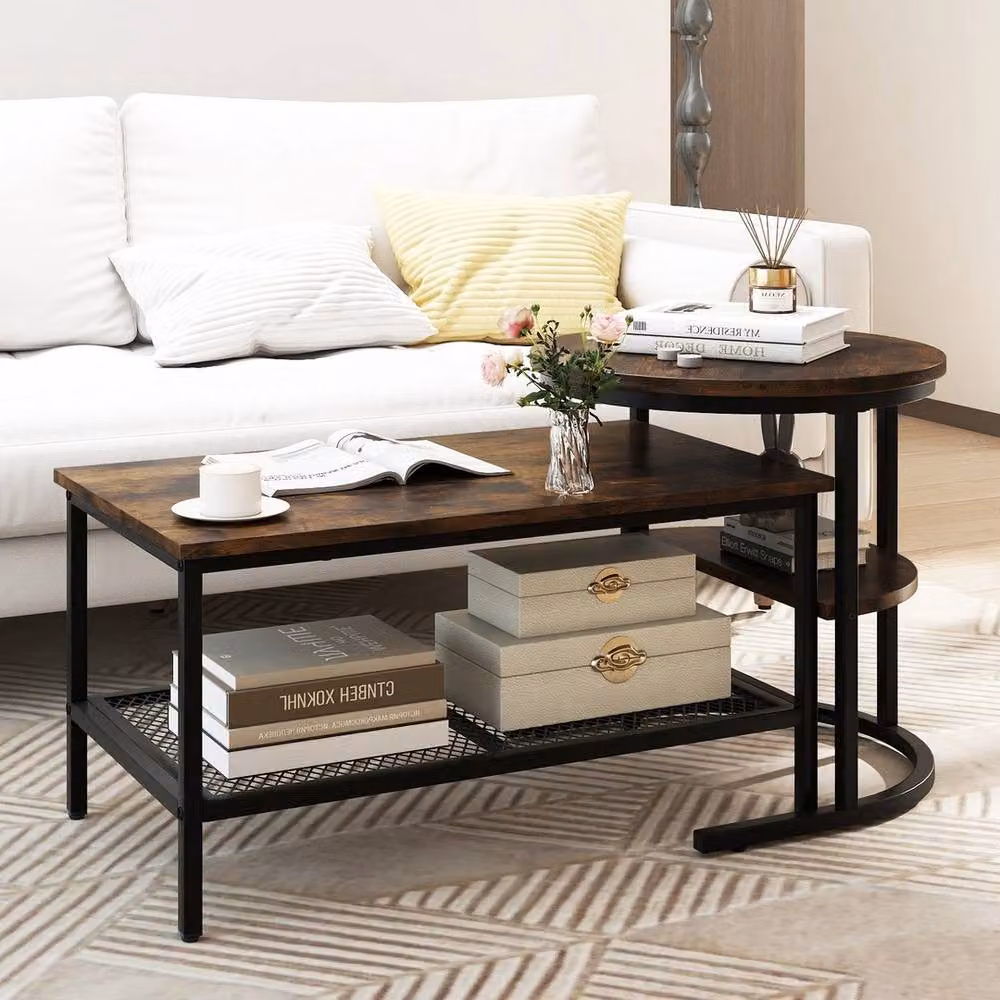VOGREX Industrial Brown Round Side Table and Rectangular Coffee Table Set with Nested Tops and Metal Legs – 2