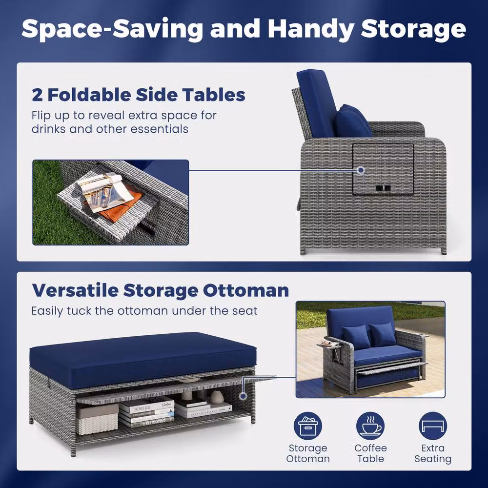 Costway 2-Piece Navy Blue PE Wicker Daybed and Patio Rattan Furniture Set with 4-Level Backrest – 8