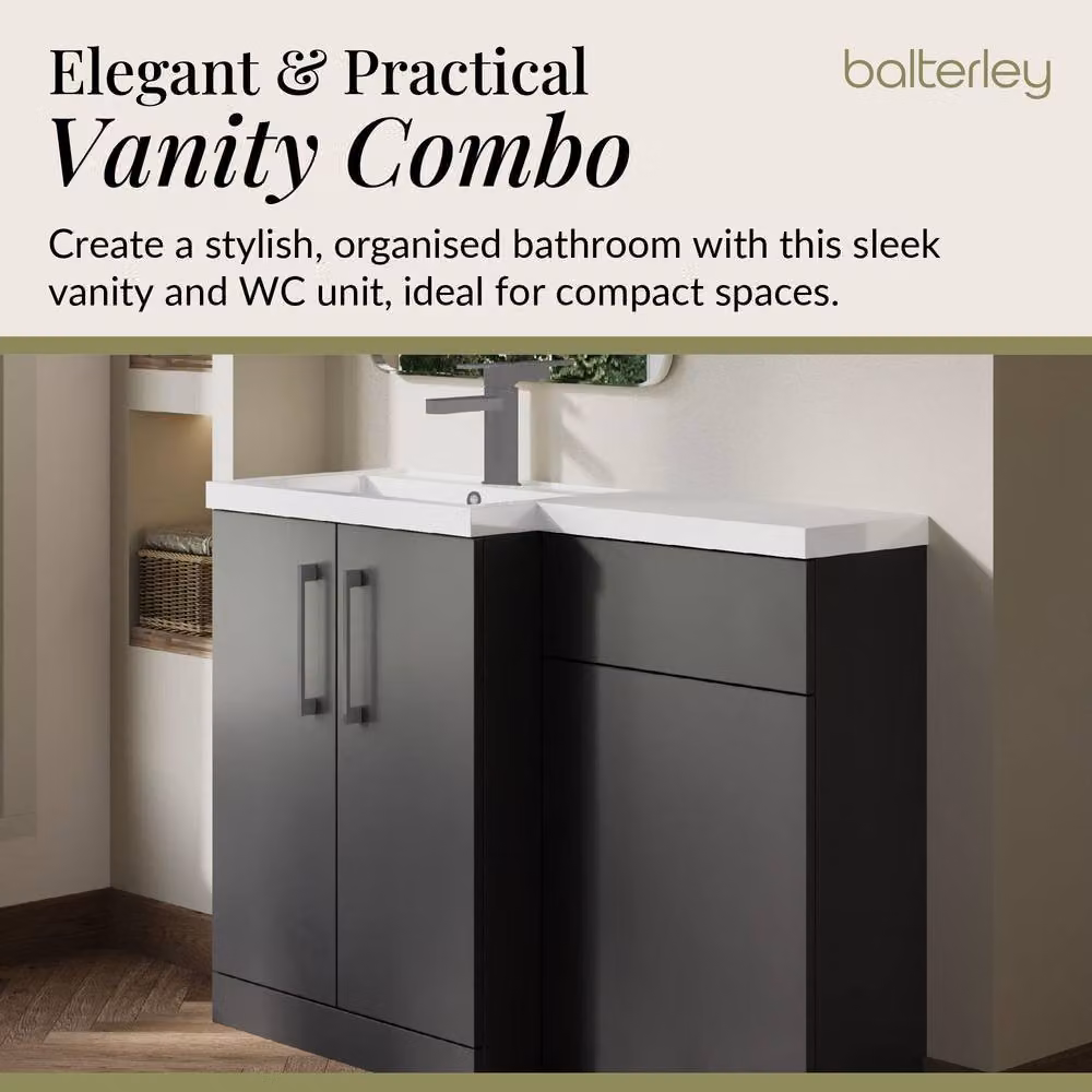 Balterley Modern Left-Hand Vanity and WC Unit Combination in Grey with Brushed Pewter Details, W: 110 cm, H: 84 cm – 3