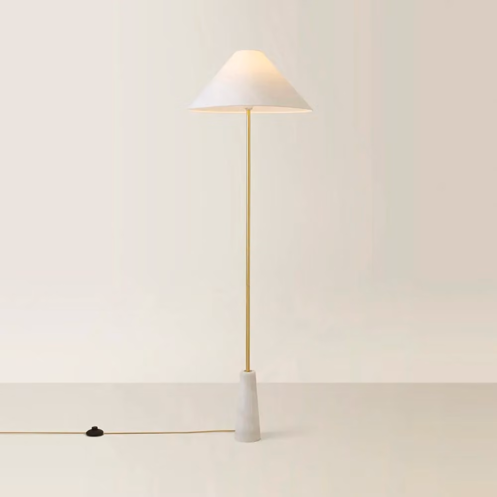 ValueLights Margot White Marble Base Floor Lamp with Tapered Linen Lampshade – 2