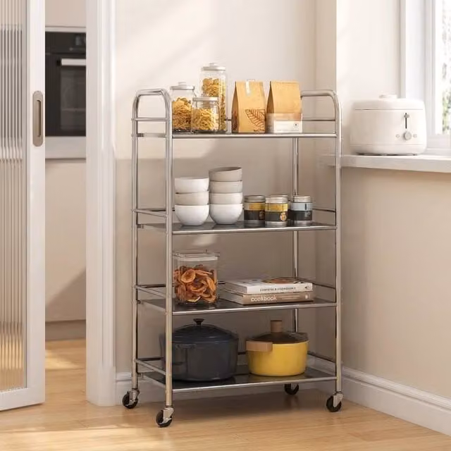 STILVORA 4 Tier Stainless Steel Storage Trolley in Silver with Adjustable Shelves