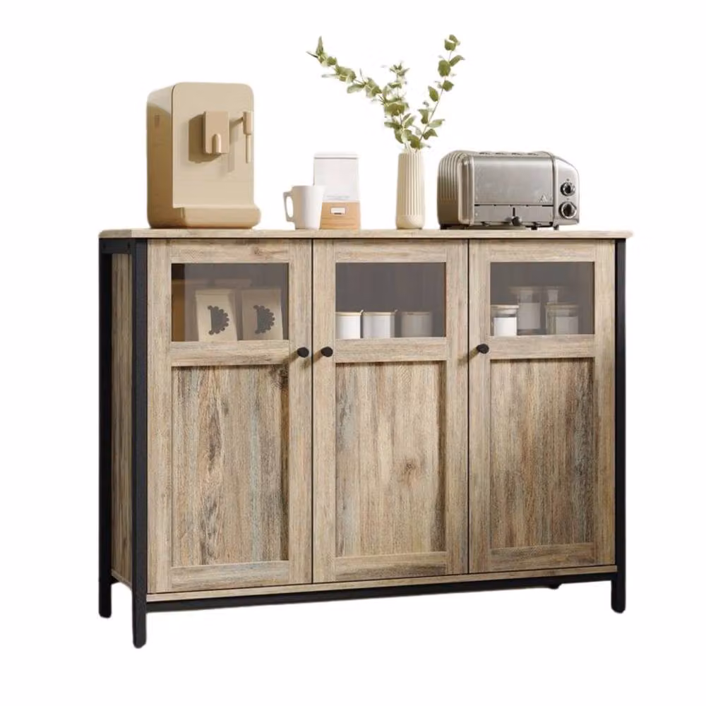 Pirlo Plush Industrial Multipurpose Closed Sideboard Buffet Cabinet in Rustic Brown with Glass Doors – 4