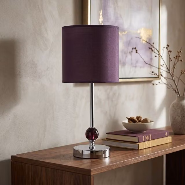 Orsina Modern Purple Acrylic Ball Table Lamp with Fabric Shade and Chrome Metal Base – 1