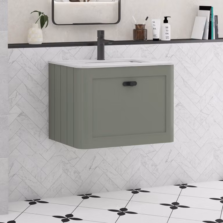 Royal Bathrooms Henley 600mm Wall Hung Vanity Unit in Sage Green with Carrara White Stone Top and Matt Black Knob