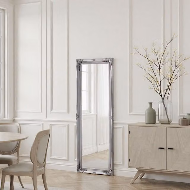 Yearn French Style Carved Full Length Wall Mirror in Silver, H 166 cm x W 60 cm