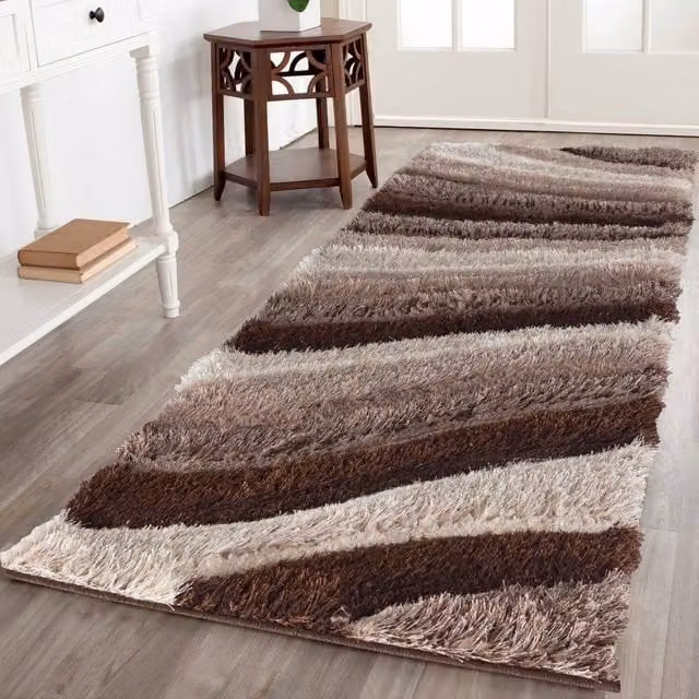 Desire Rugs Modern Soft Waves Shimmer Shaggy Runner in Bronze and Brown, W/D/H: 60 x 220 cm
