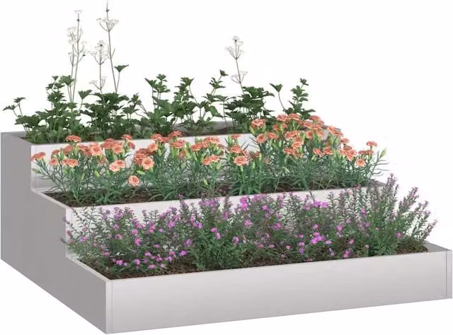 Berkfield Home Modern 3-Tier Garden Planter in Silver Stainless Steel, W/D/H: 90 x 90 x 35 cm