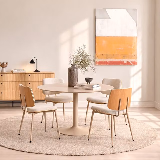 Furniture To Go Ibiza Round Beige Dining Table with 4 Owen Beige Upholstered Dining Chairs