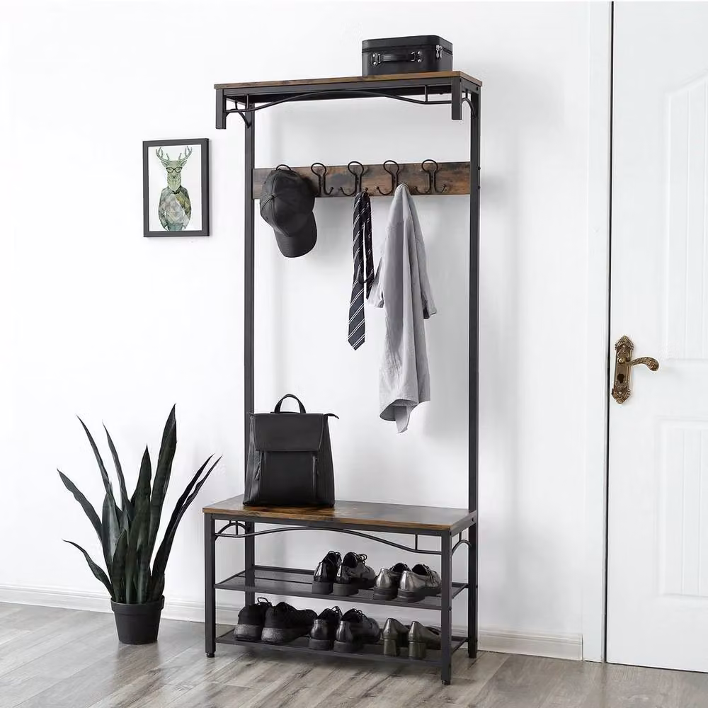 KORVIXA Brown Rustic Hall Tree with Bench and Shoe Rack – 3