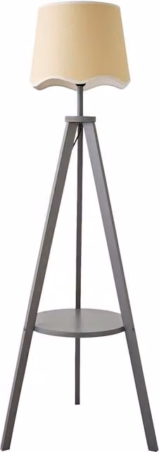 Morrigan Wood Tripod Floor Lamp with White Fabric Scallop Shade and Bulb in Grey