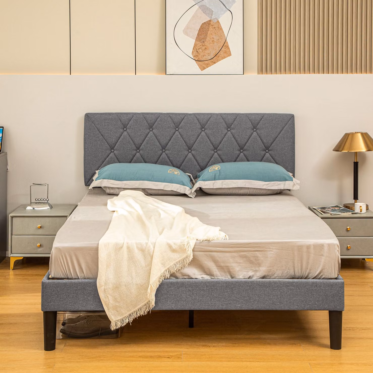 HOMCOM Grey Linen Upholstered Double Bed Frame with 5-Level Adjustable Headboard and Wooden Slats, W/D/H: 180 x 200 cm – 5