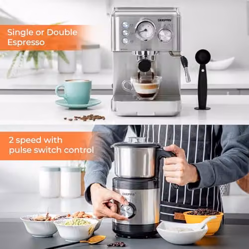 Geepas Espresso and Cappuccino Coffee Machine with Integrated 450W Coffee Grinder Set in Silver and Black – 4