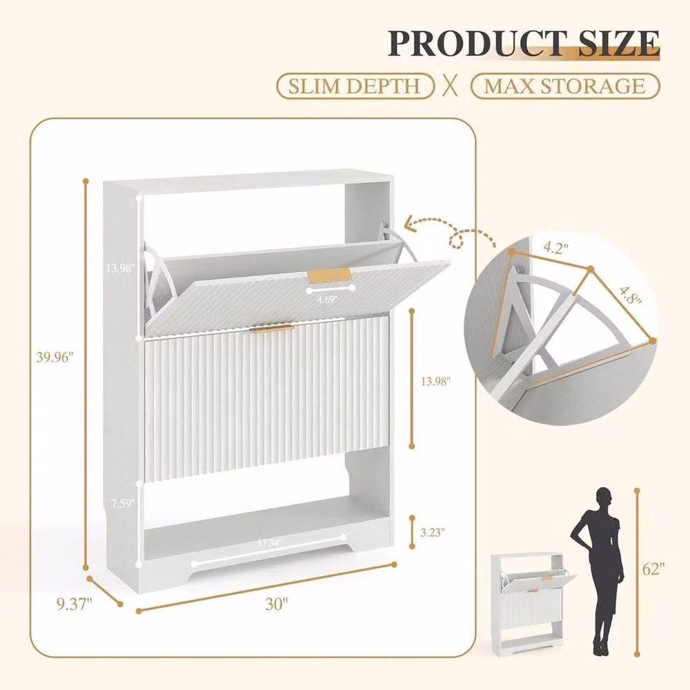 KORVIXA Mid-Century White Shoe Cabinet with Tilting Compartments and Ventilation, W/D/H: 100 x 23.88 x 101.6 cm – 2