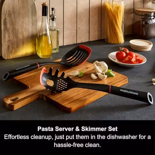 Morphy Richards Pasta Server and Skimmer Set in Black, Heat Resistant Nylon and Silicone Utensils – 4