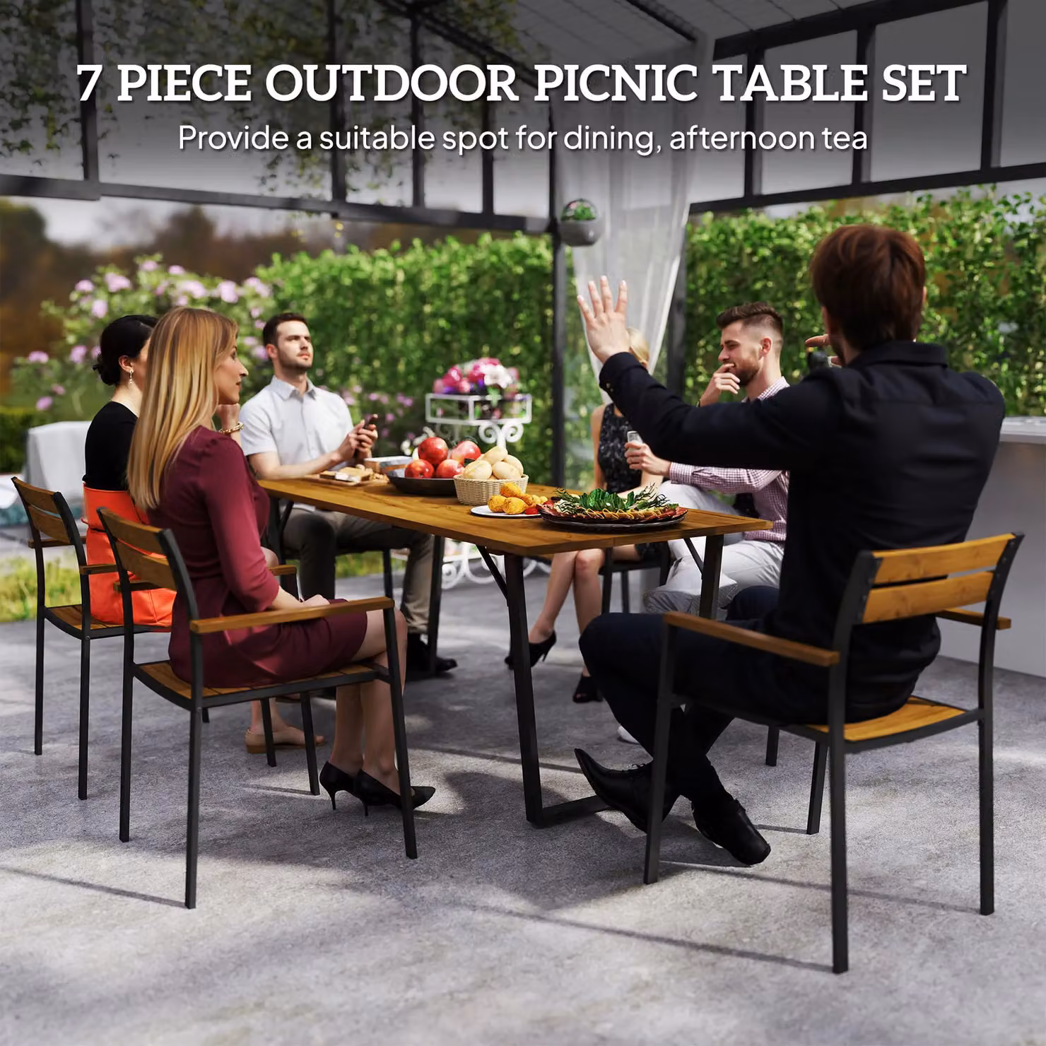 OUTSUNNY 7 Piece Garden Dining Set with Table and 6 Stackable Chairs, Brown – 3