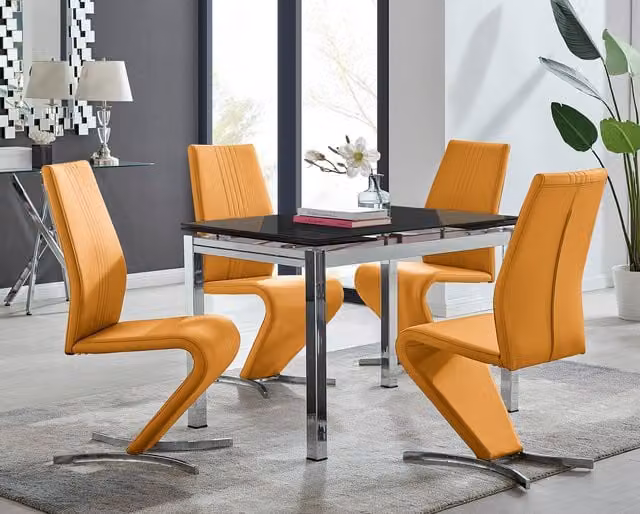 Furniturebox Enna Black Glass Extending Dining Table and 4 Willow Chairs in Yellow and Black