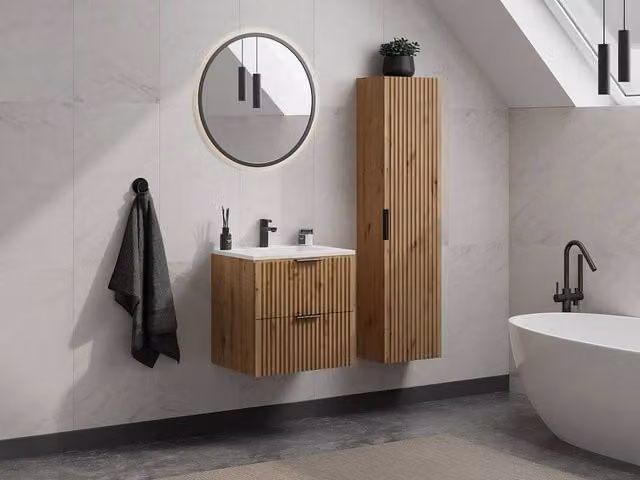 Vente-unique Ribbed Suspended Bathroom Column Unit with Stripes in Light Natural Oak