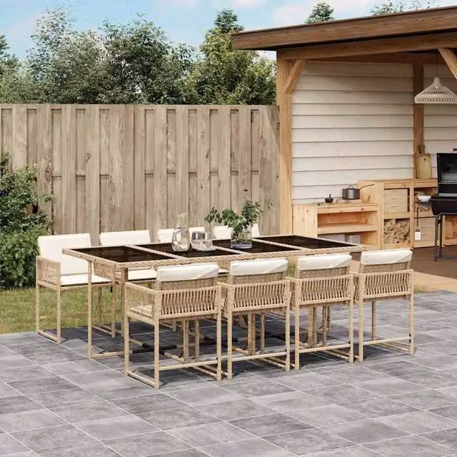Berkfield Home 9 Piece Poly Rattan Garden Dining Set with Beige Cushions