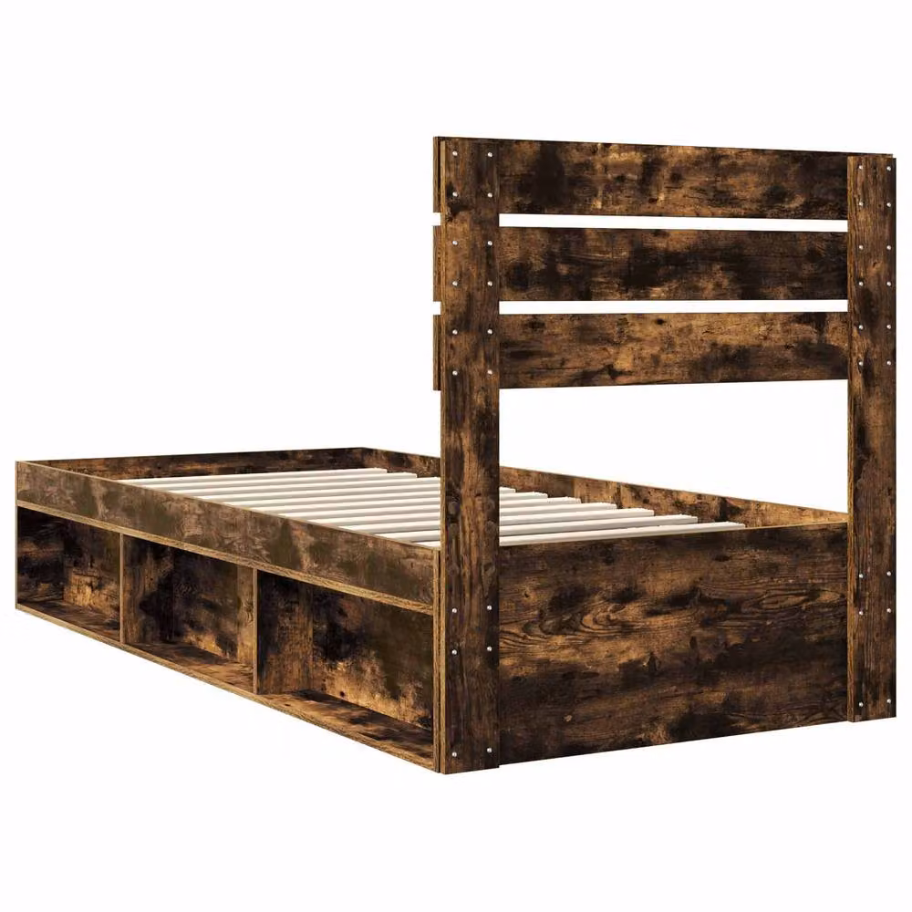 Berkfield Home Smoked Oak Bed Frame in Brown, Solid Pine and MDF Wood, W/D/H: 100 x 200 cm – 4