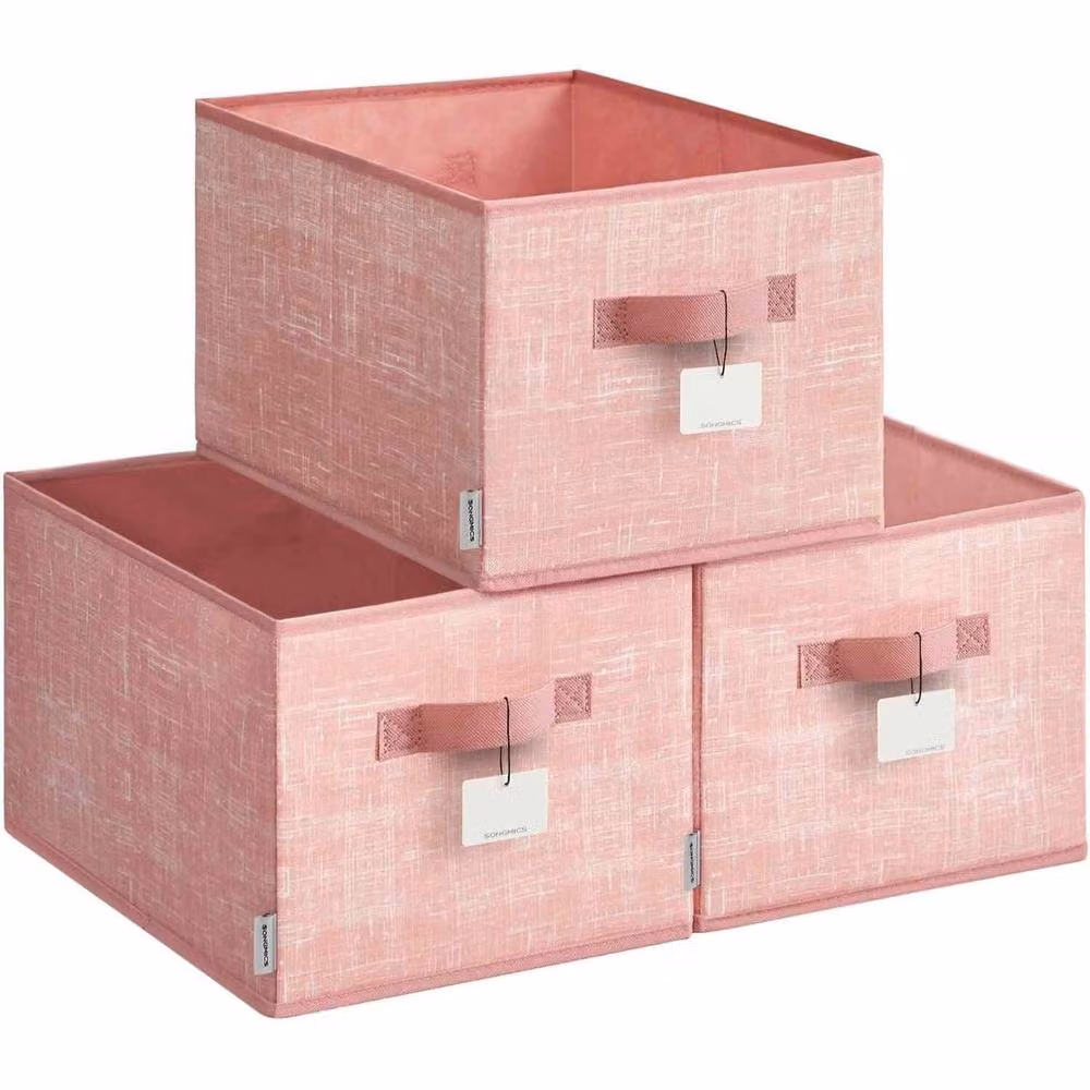 The Bazaarist Pack of 3 Foldable Fabric Storage Bins with Handles and Label Holders, Pink – 2