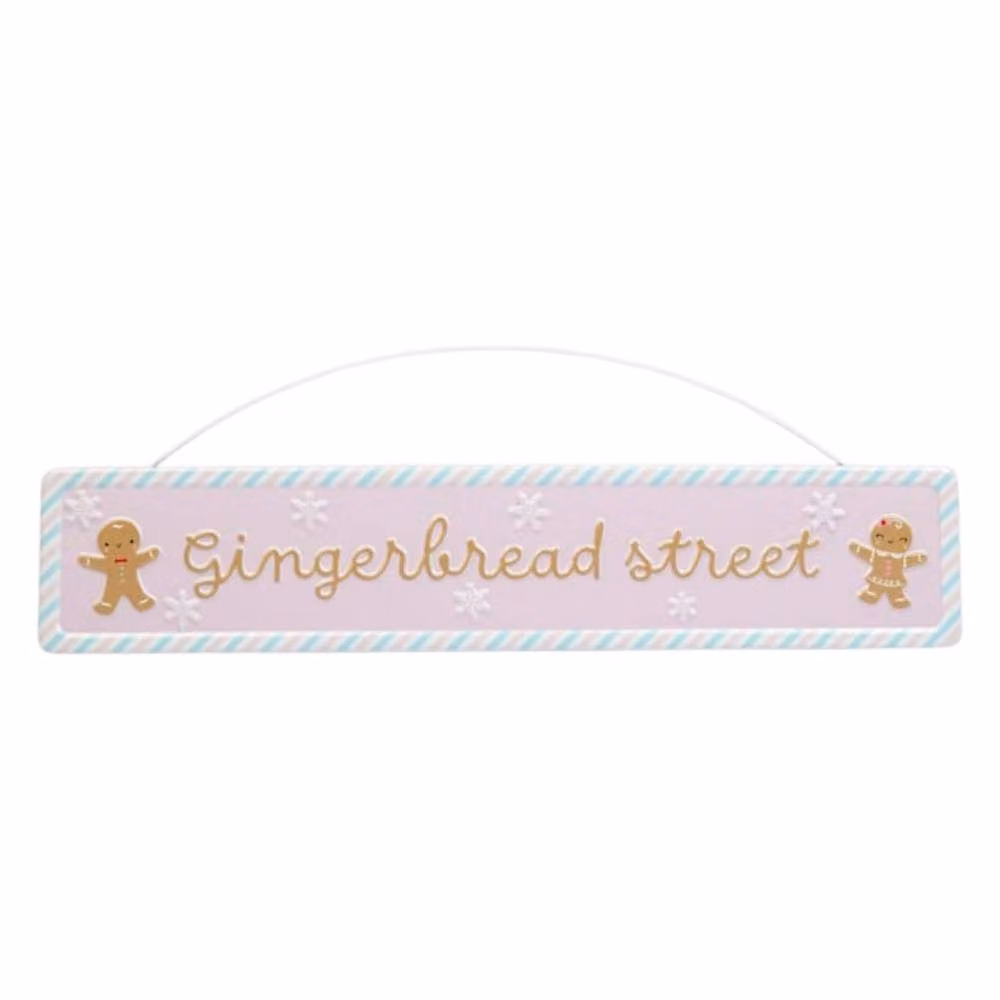 Garden Greatness Pink Gingerbread Street Christmas Hanging Metal Sign – 2