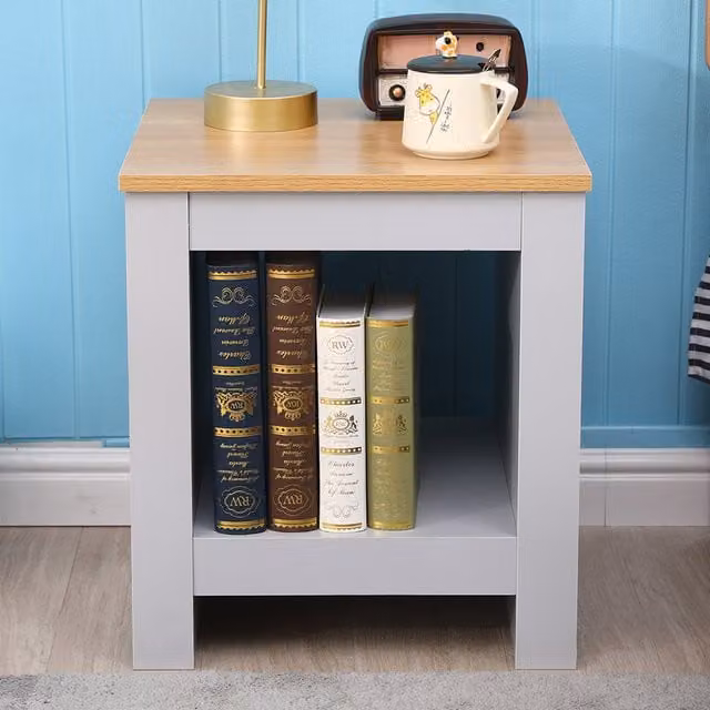 HMD Modern Wood Side Lamp Table with Bottom Shelf in Grey