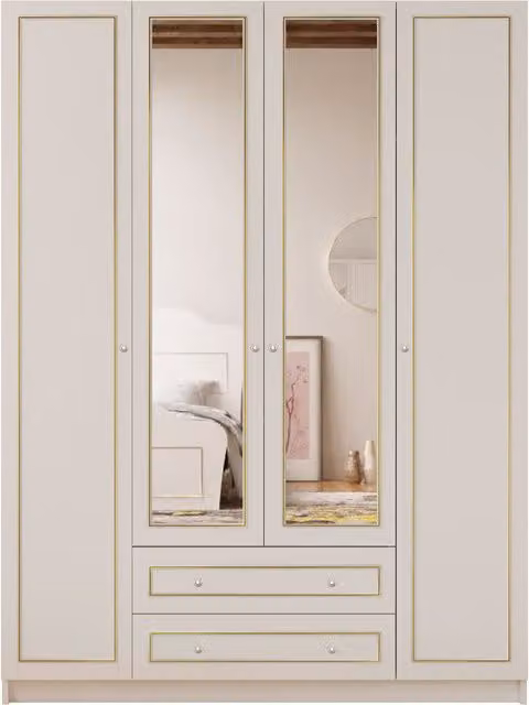 EVUHOME Marie 4 Door 2 Drawer Mirrored Wardrobe in White and Gold, H 182 x W 140 x D 52 cm