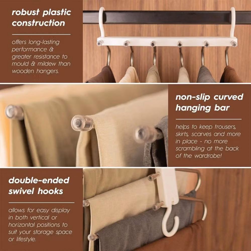 FORGEVIO Pack of 4 Space-Saving 6-in-1 Plastic Clothes Hangers with Swivel Hook, White, Width: 50 cm – 2