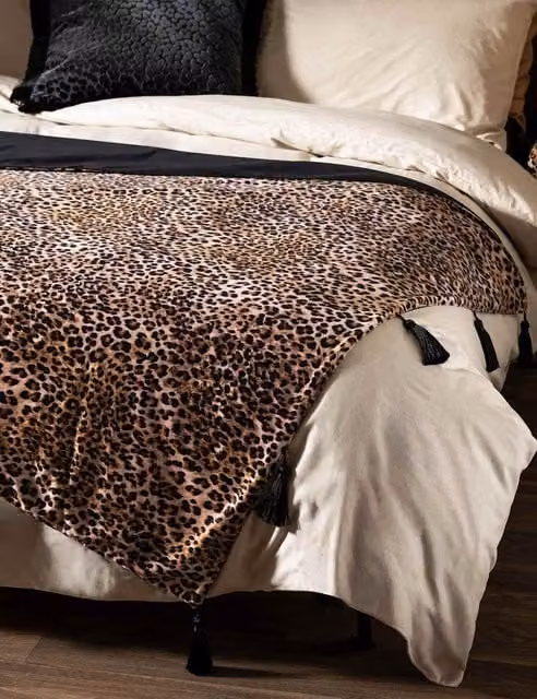 Rockett St George Velvet Leopard Love Tasselled Throw in Black and Multicolour