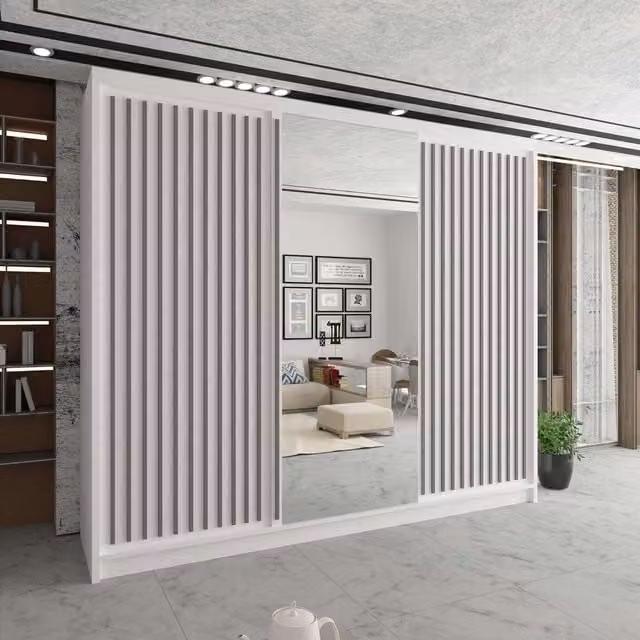 Sliding Wardrobes 4U Sleek White Mirror Sliding Wardrobe with LED Lighting W: 250 cm, H: 217 cm