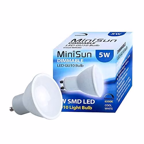 MiniSun Pack of 6 Dimmable 5W SMD LED GU10 Thermo Plastic Light Bulbs, 6500K Cool White