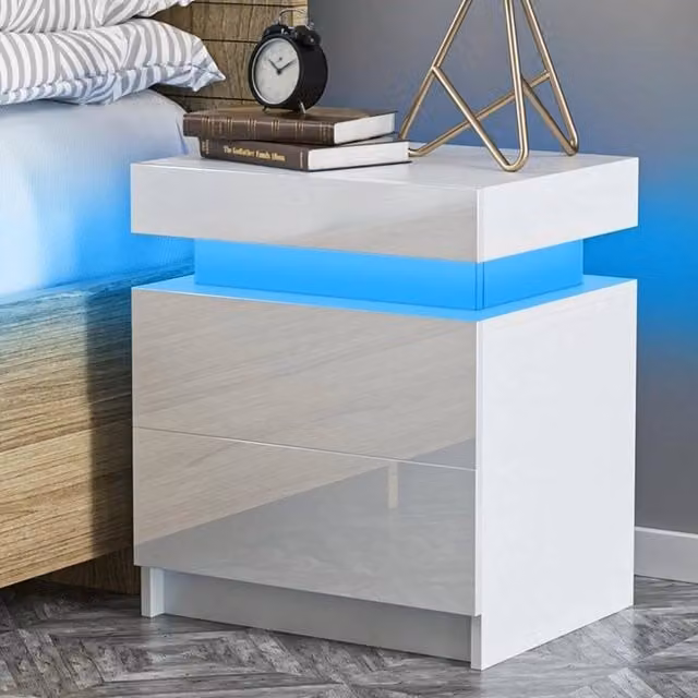 EONLION Modern White High Gloss 2 Drawer Bedside Table with Integrated LED Lighting, Width: 100 cm – 1
