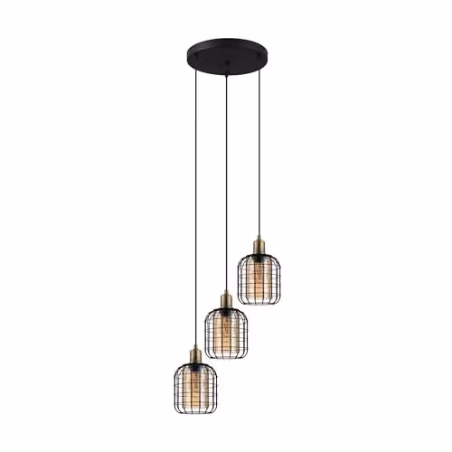 Eglo Chisle 3-Light Industrial Pendant Light in Black and Amber Glass – 1