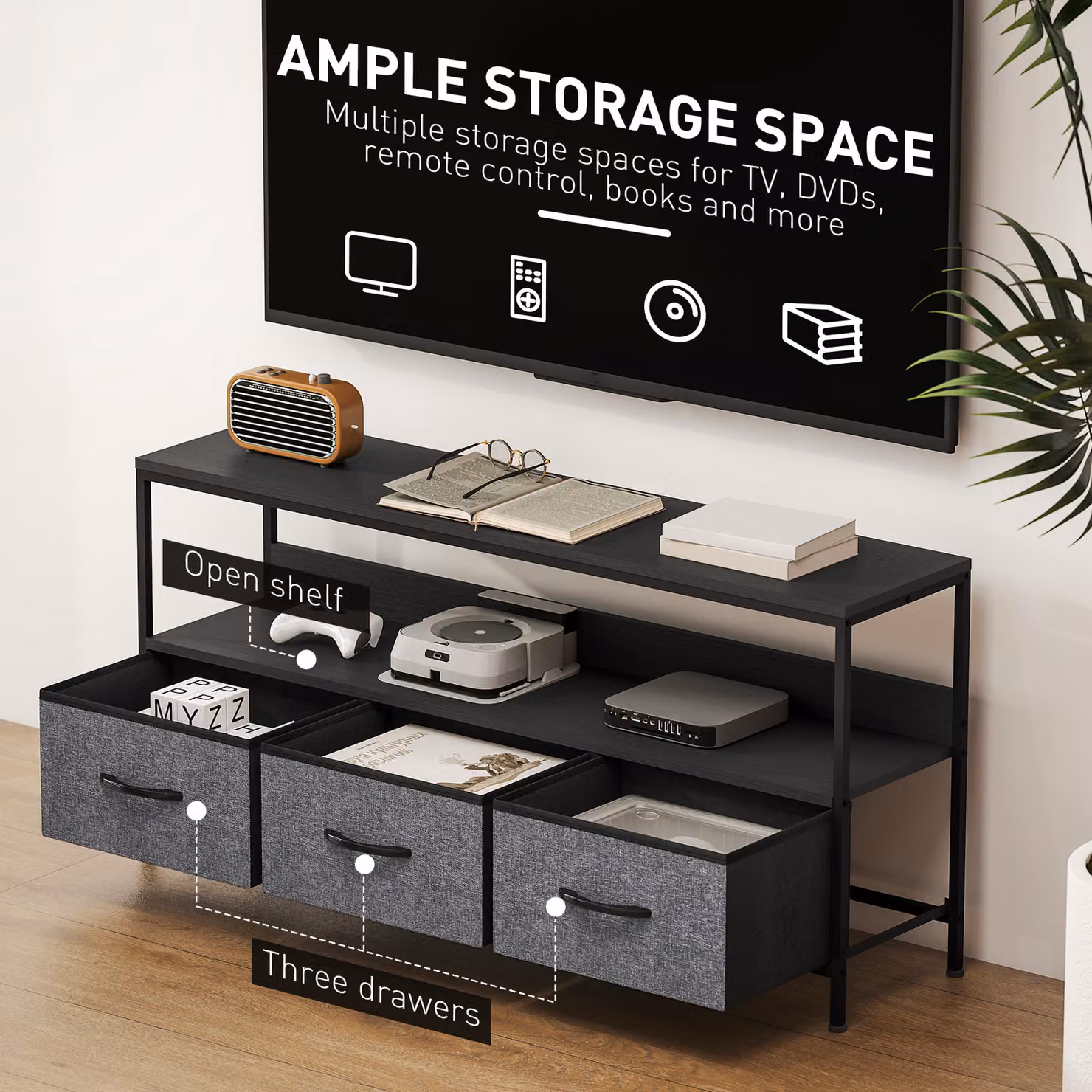 HOMCOM Modern Black TV Stand Cabinet with 3 Foldable Drawers and Metal Media Compartments – 5