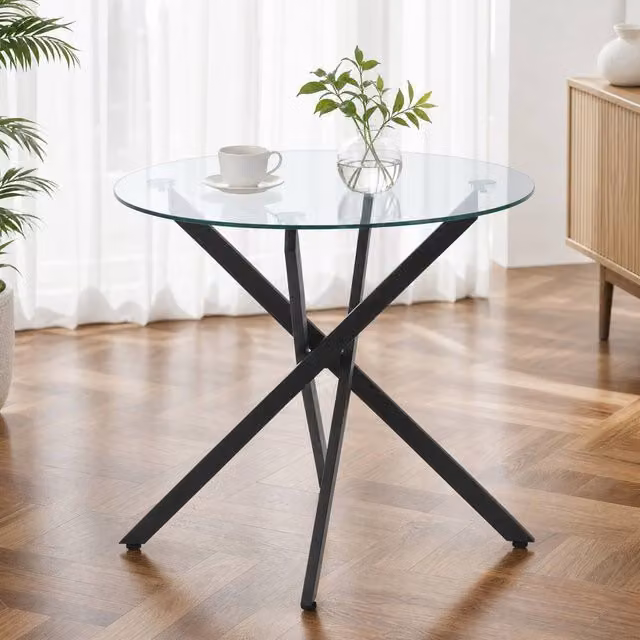 STILVORA Modern Round Dining Table with Black X-Frame and Transparent Tempered Glass Top