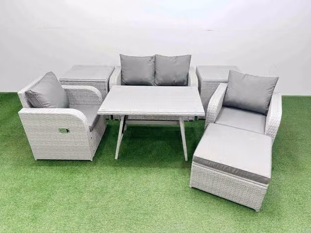Fimous Light Grey PE Rattan Garden Furniture Set with Reclining Chairs and Love Sofa