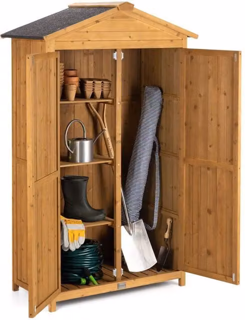 Christow Brown Tall Garden Storage Cabinet with Double Doors and Shelving, W: 64 cm, D: 41.4 cm, H: 166 cm – 1