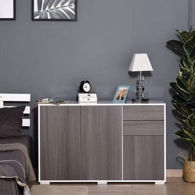 HOMCOM High Gloss Modern Side Cabinet with 2 Drawers and 2 Doors in Light Grey