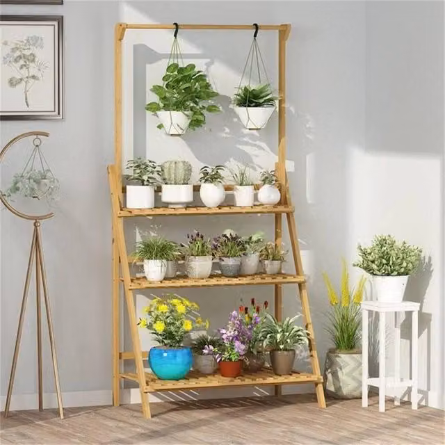 EONLION 3 Tier Ladder Fold Shelf with Hanging Rack in Brown – 1