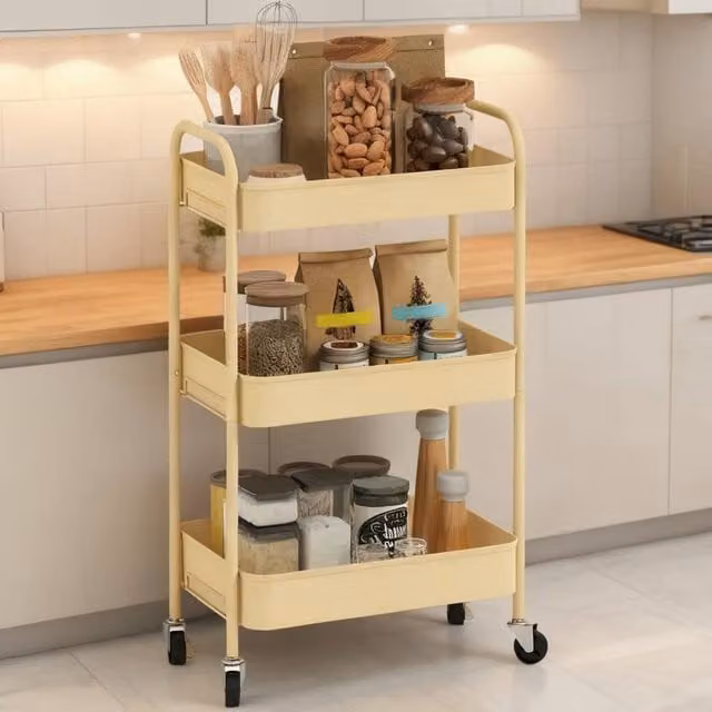 ERGOVEXA Three-Tier Matt Yellow Metal Storage Trolley